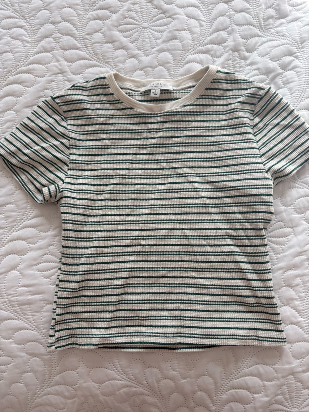 Striped Ribbed Short Sleeve Tee in Cream and Green